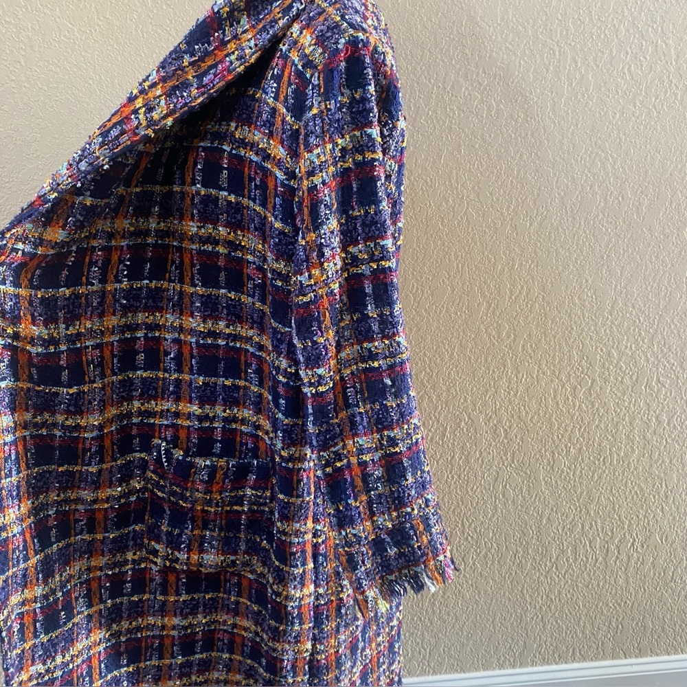 Aratta Long Plaid Duster Jacket – Blue Orange Fringe – Oversized / One Size NEW